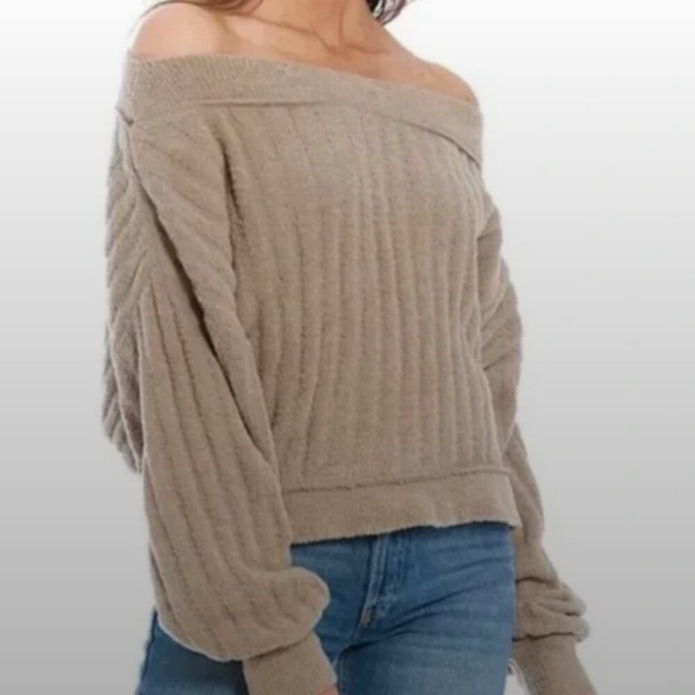 Free People Cabin Fever Pullover Chenille Sweater Beige Taupe Oversized XS EUC